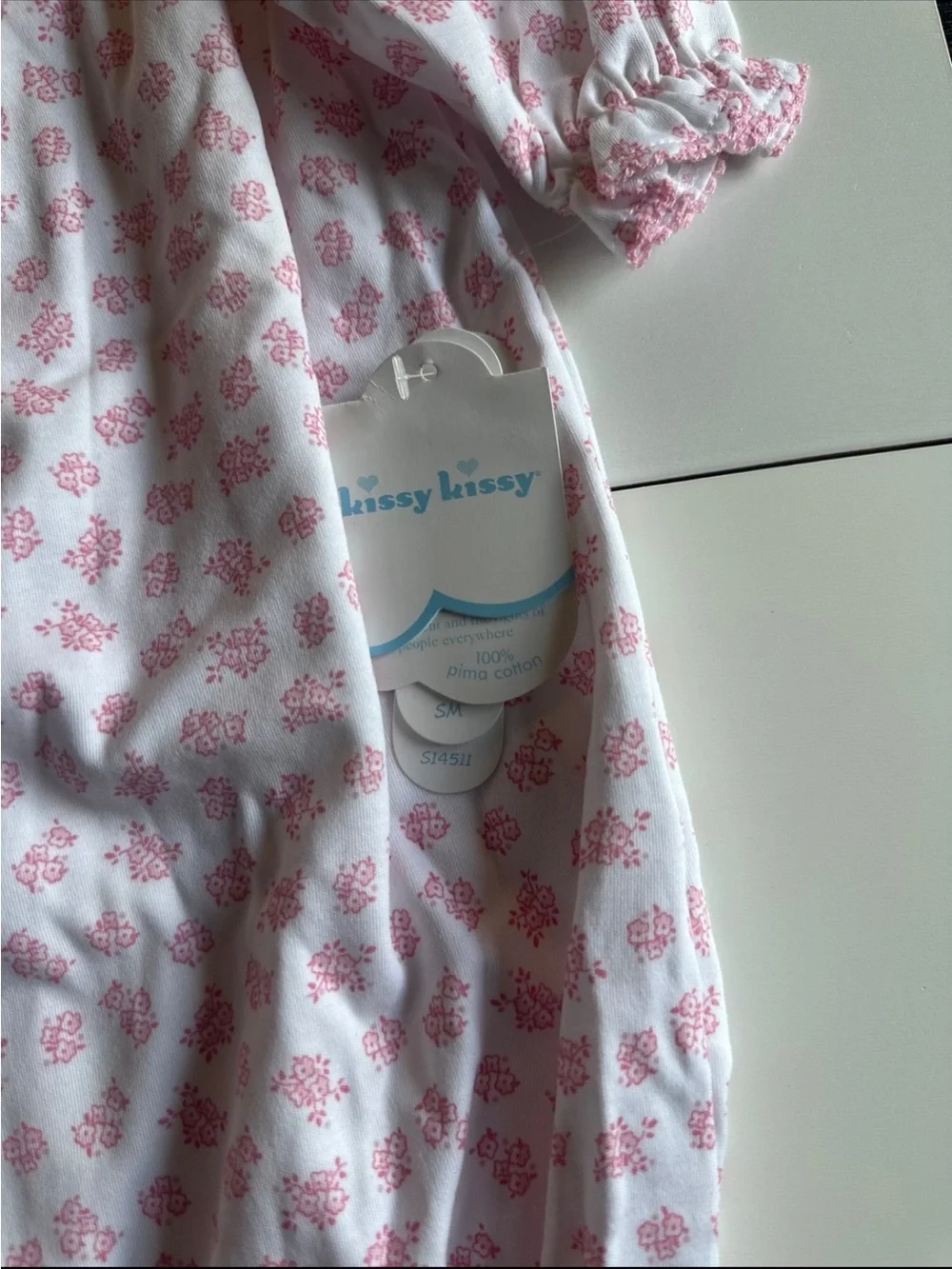 Kissy Kissy Pink Floral Pima Cotton Smocked Gown Small 0-3m